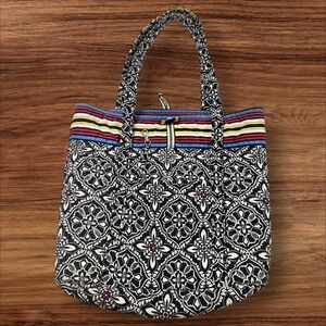 Vera Bradley Tote Bag Quilted Black White‎ Floral Striped Travel Carry On